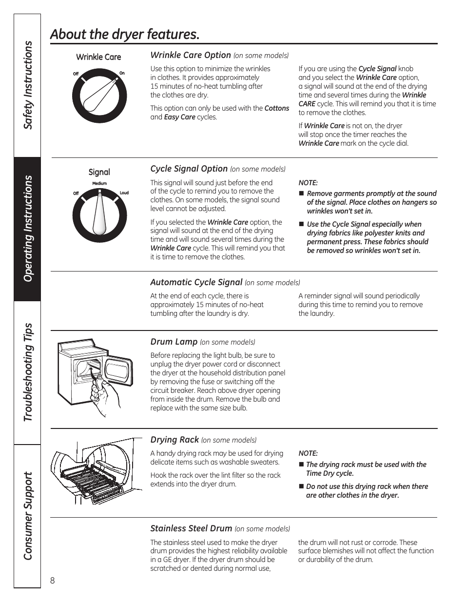 About the dryer features | GE GTDP280GDWW User Manual | Page 8 / 32