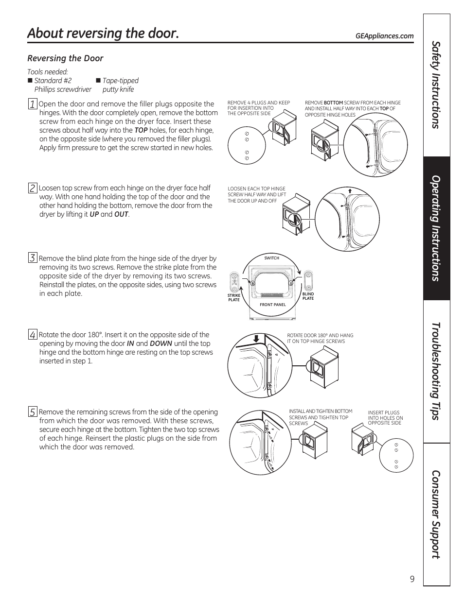 About reversing the door, 9reversing the door | GE GTDP280GDWW User Manual | Page 9 / 32