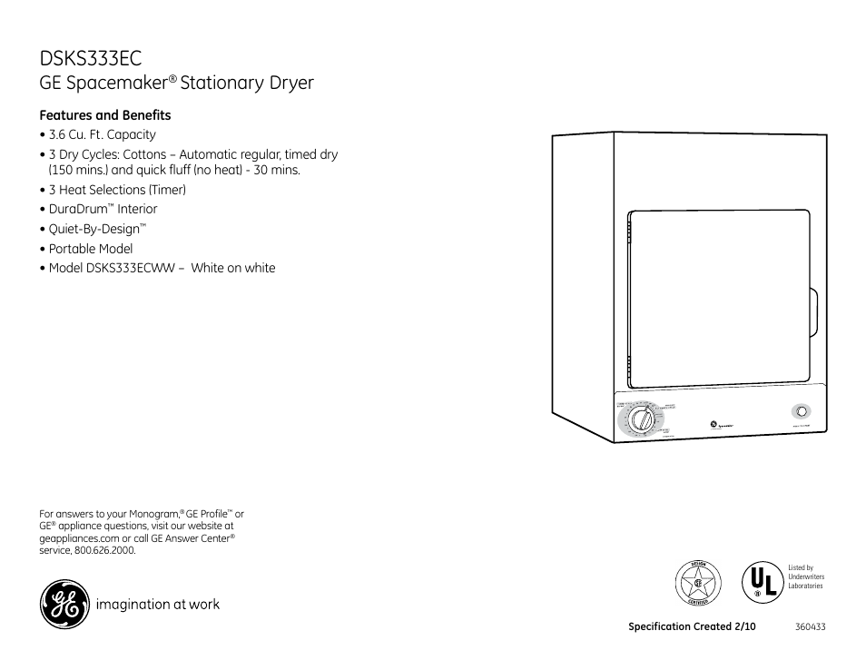Dsks333ec, Ge spacemaker, Stationary dryer | GE DSKS333ECWW User Manual | Page 3 / 3
