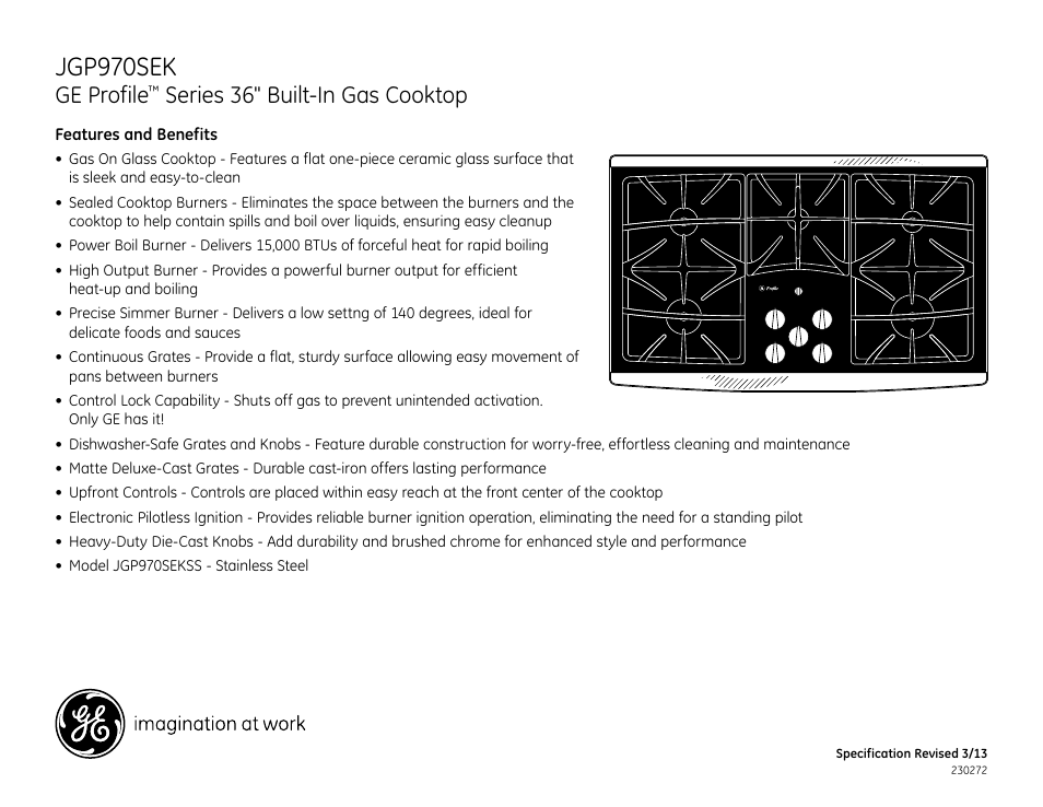 Jgp970sek, Ge profile, Series 36" built-in gas cooktop | GE JGP970SEKSS User Manual | Page 2 / 2