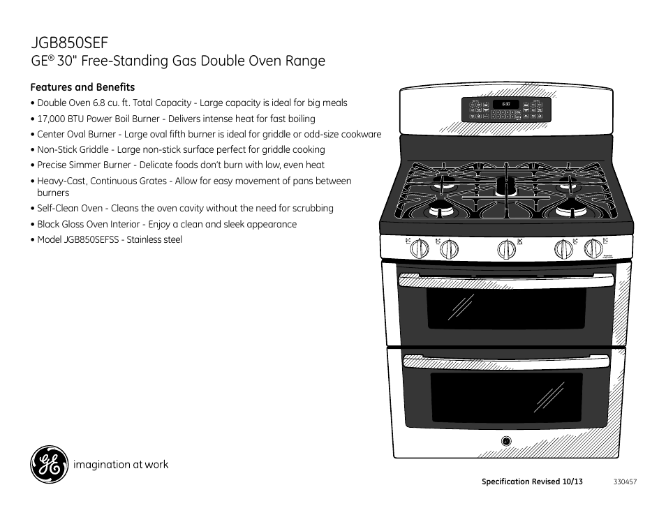 Jgb850sef, 30" free-standing gas double oven range | GE JGB850SEFSS User Manual | Page 2 / 2