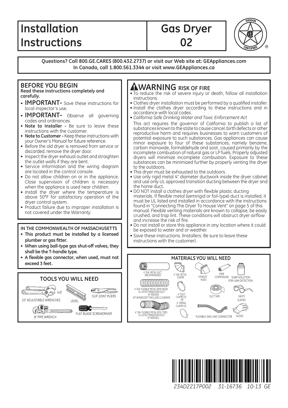 GE GTDL210GDWW User Manual | 8 pages