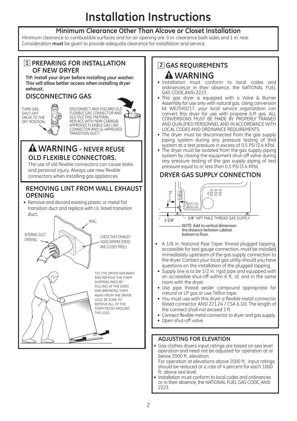 Installation instructions, Warning, Preparing for installation of new dryer | Disconnecting gas, Removing lint from wall exhaust opening, Gas requirements, Dryer gas supply connection | GE GTDL210GDWW User Manual | Page 2 / 8