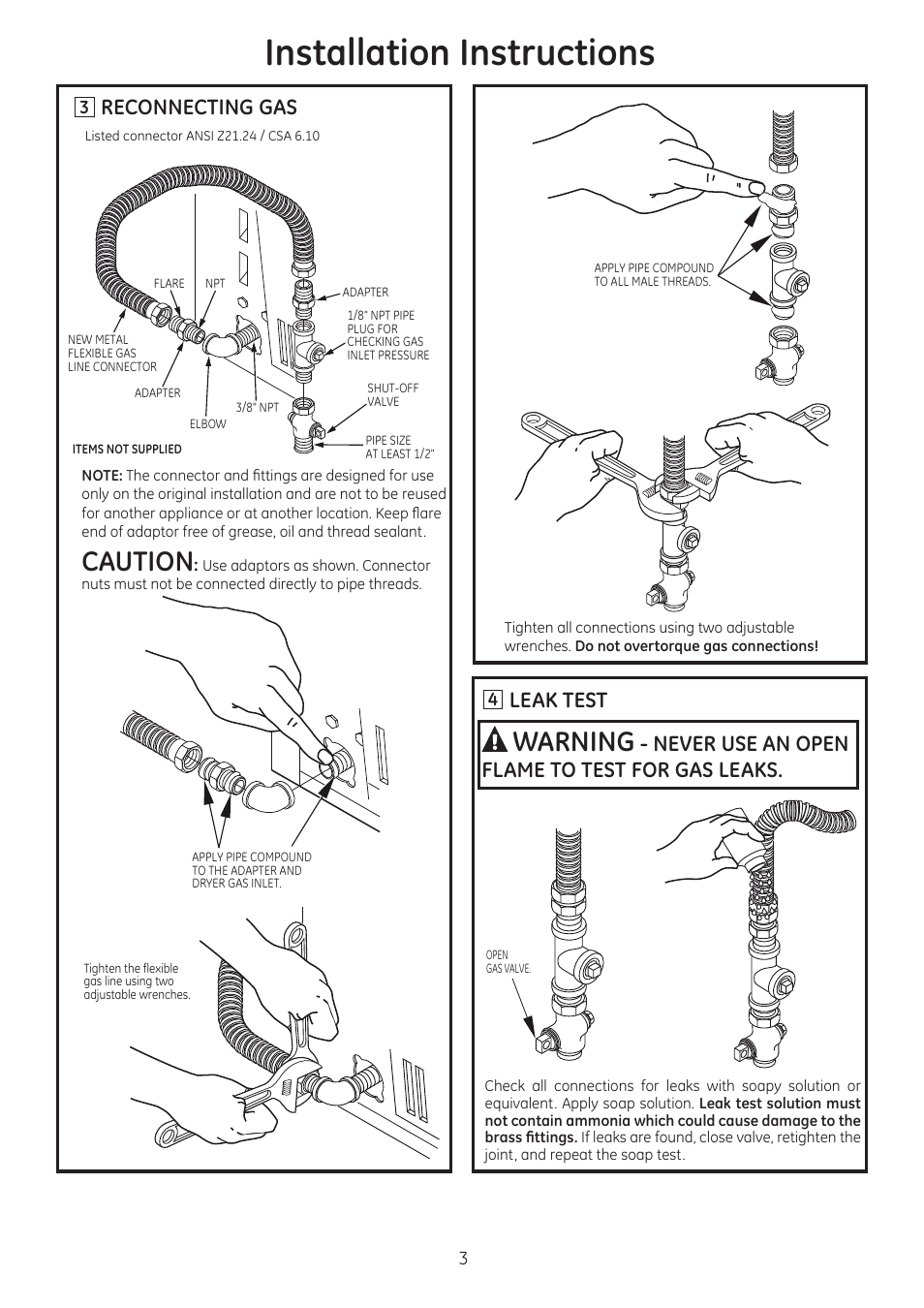 Installation instructions, Caution, Warning | Reconnecting gas, Leak test | GE GTDL210GDWW User Manual | Page 3 / 8