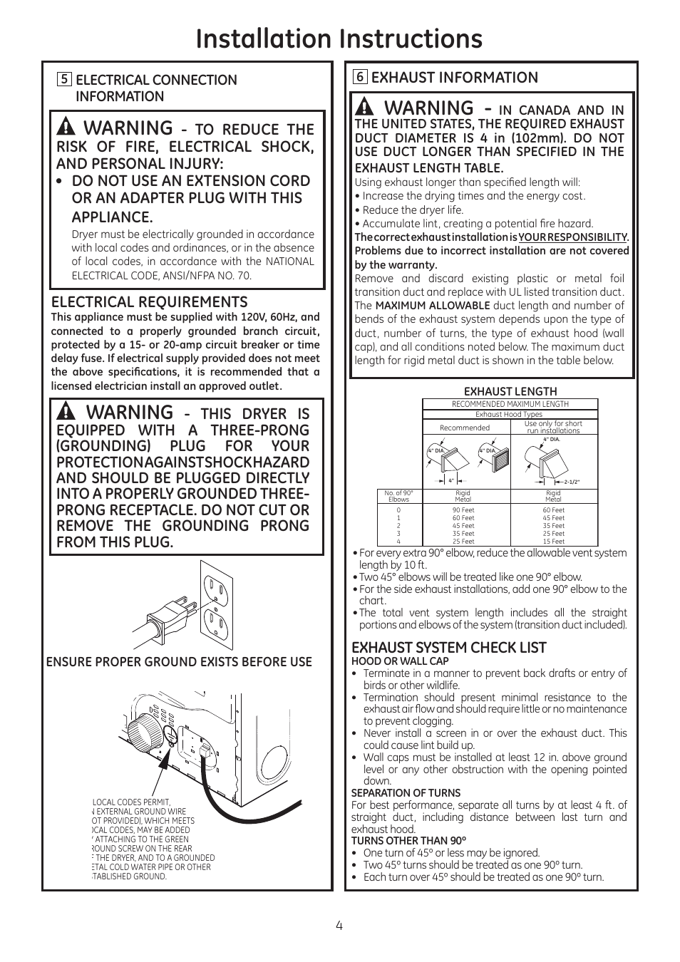 Installation instructions, Warning, Exhaust information | Electrical requirements, Exhaust system check list, Electrical connection information | GE GTDL210GDWW User Manual | Page 4 / 8
