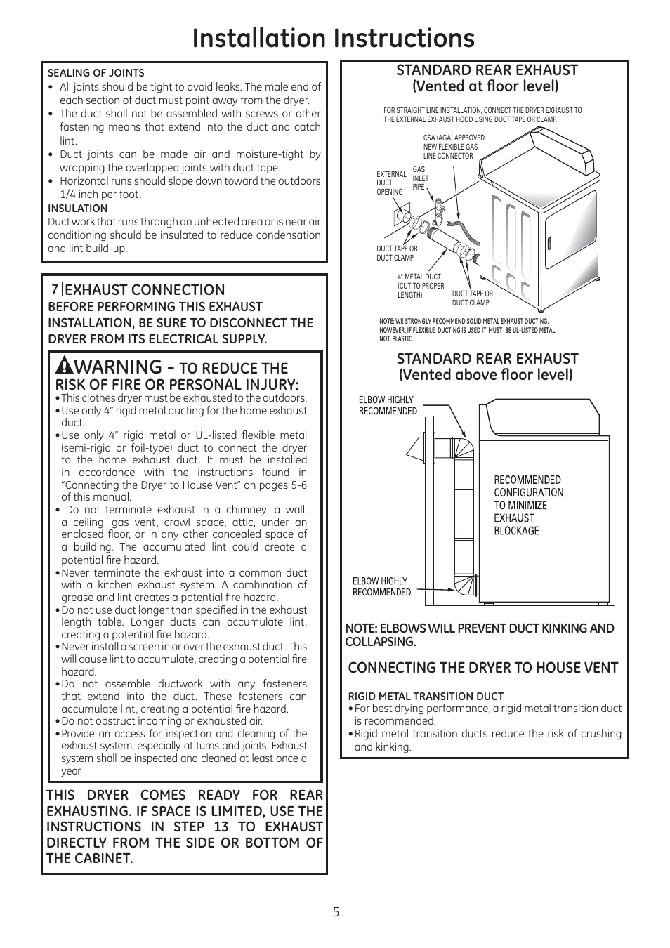 Installation instructions, Warning, Exhaust connection | Connecting the dryer to house vent | GE GTDL210GDWW User Manual | Page 5 / 8