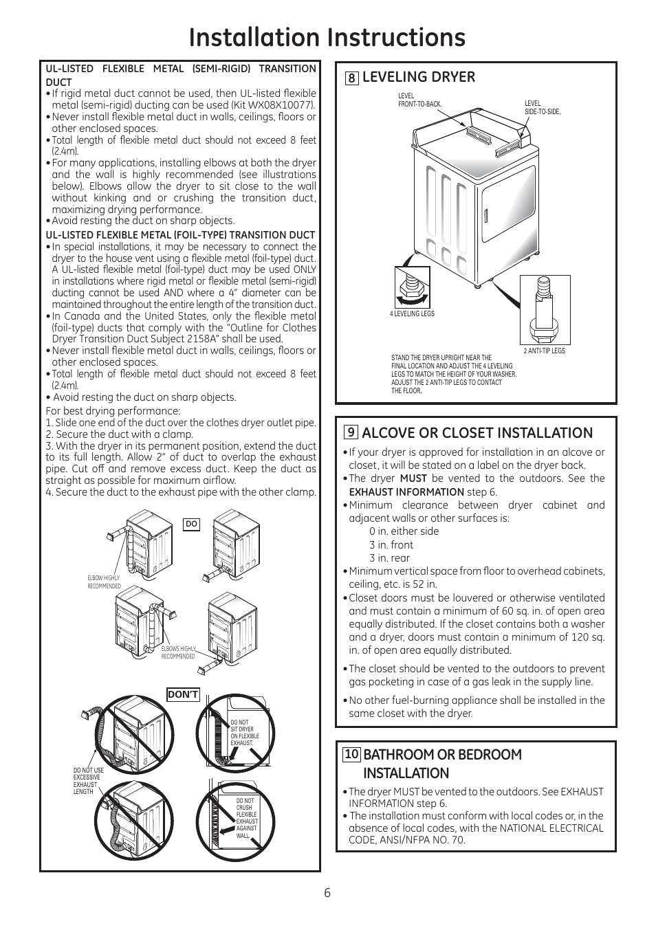Installation instructions, Leveling dryer, Alcove or closet installation | Bathroom or bedroom installation | GE GTDL210GDWW User Manual | Page 6 / 8