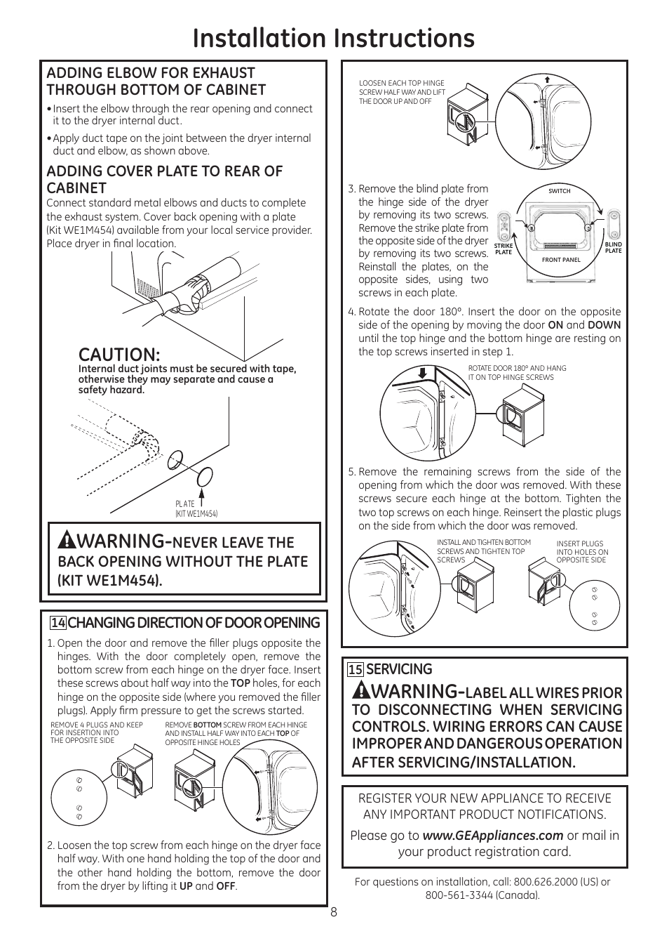 Installation instructions, Warning, Caution | Adding elbow for exhaust through bottom of cabinet, Adding cover plate to rear of cabinet, Servicing, Changing direction of door opening | GE GTDL210GDWW User Manual | Page 8 / 8