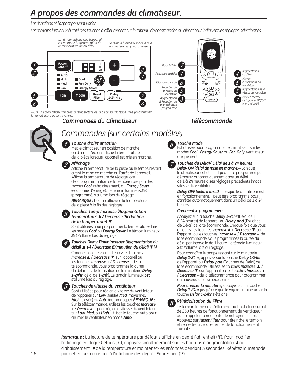 Commandes du climatiseur télécommande | GE AEM06LS User Manual | Page 16 / 40