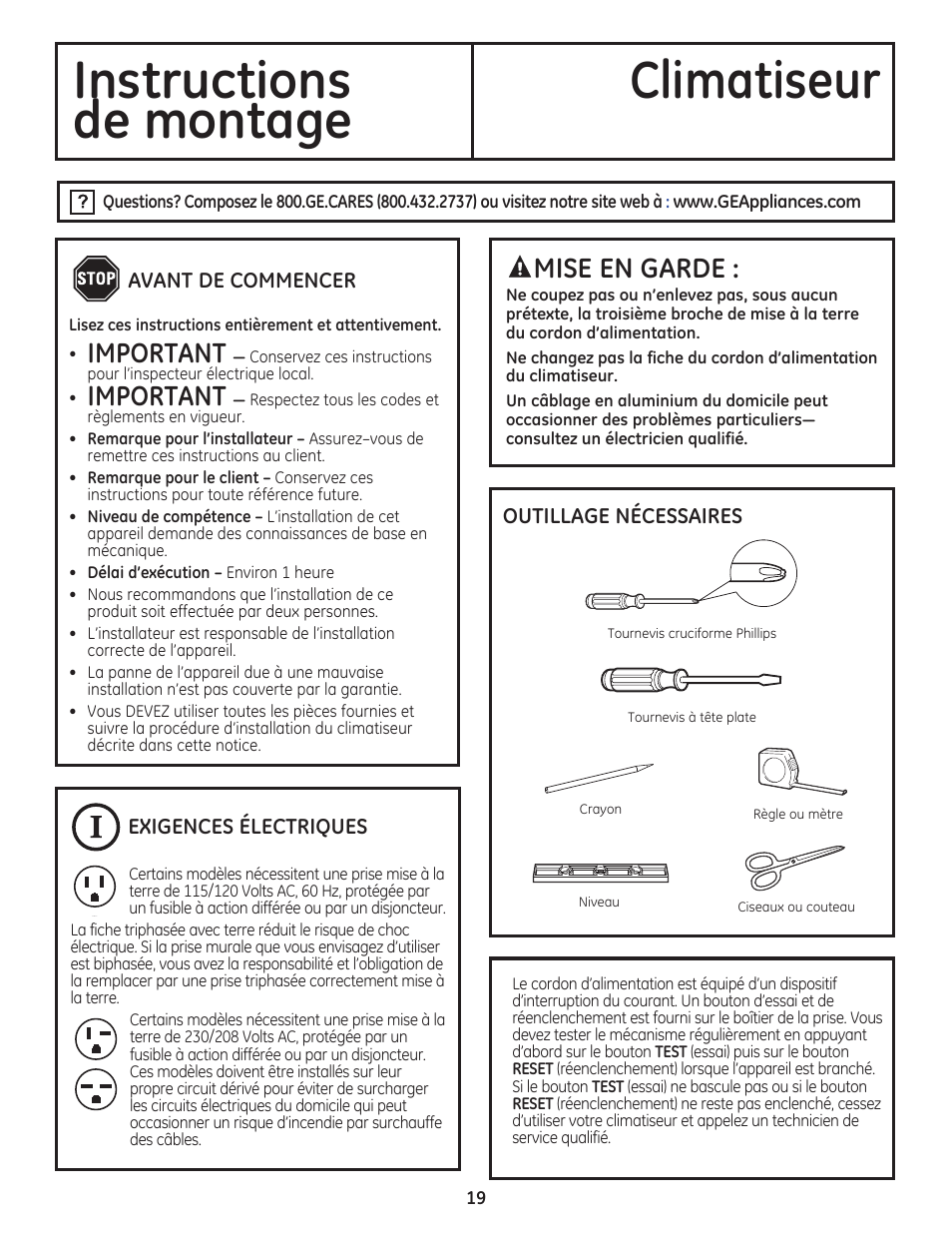 Instructions climatiseur, De montage, Important | Mise en garde | GE AEM06LS User Manual | Page 19 / 40