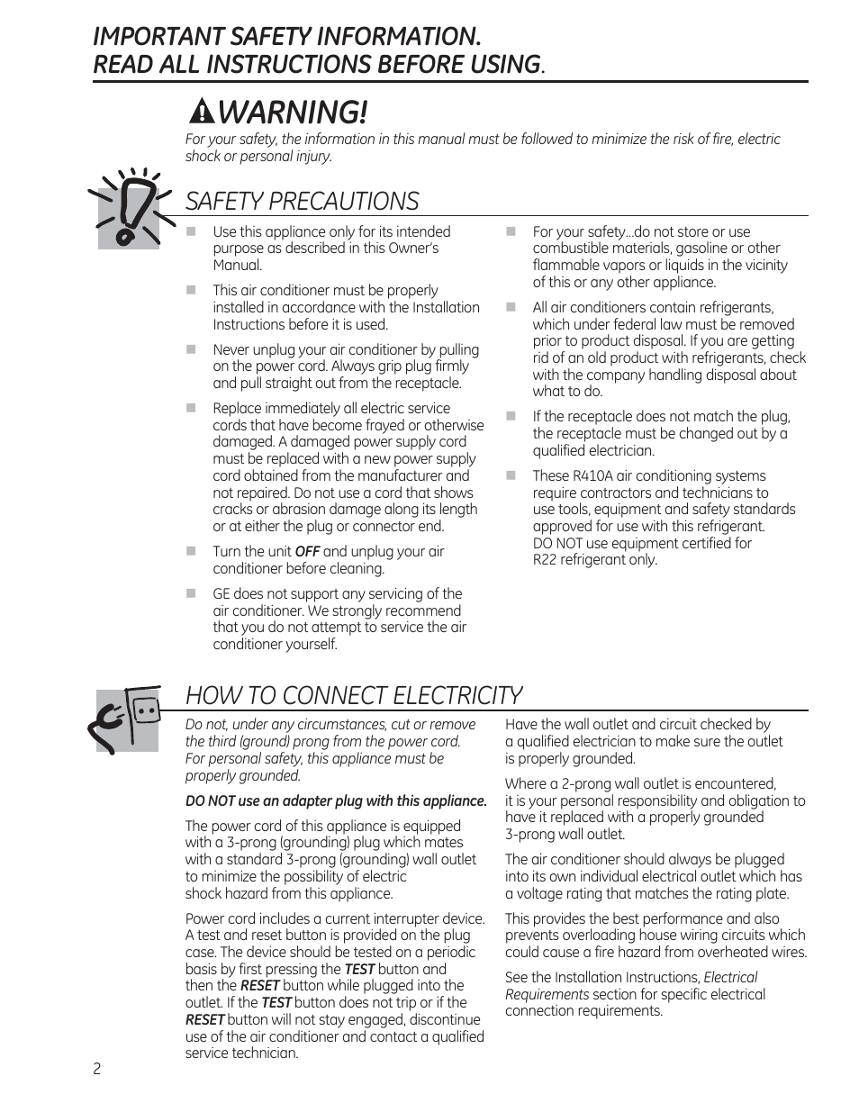 Warning, Safety precautions, How to connect electricity | GE AEM06LS User Manual | Page 2 / 40