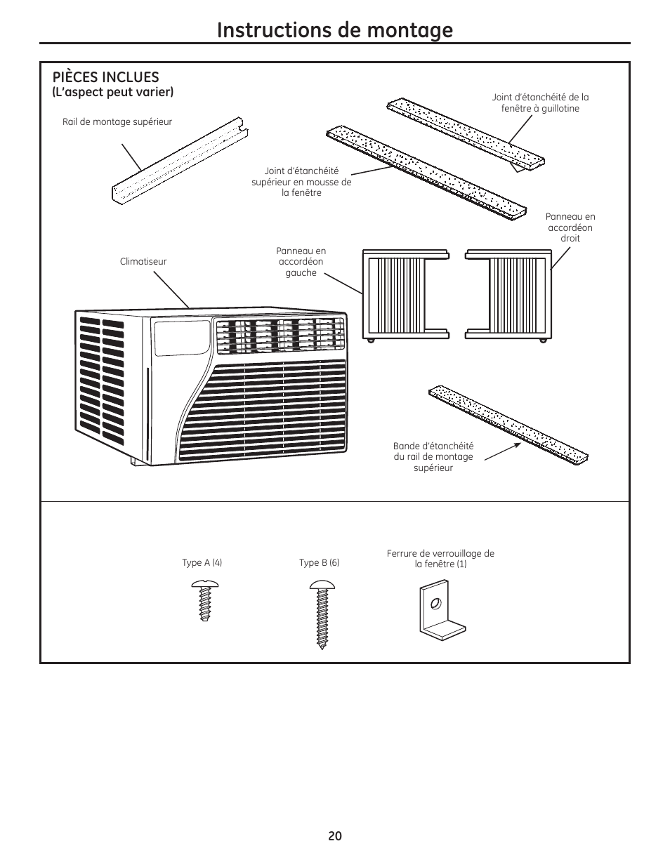 Instructions de montage, Pièces inclues | GE AEM06LS User Manual | Page 20 / 40