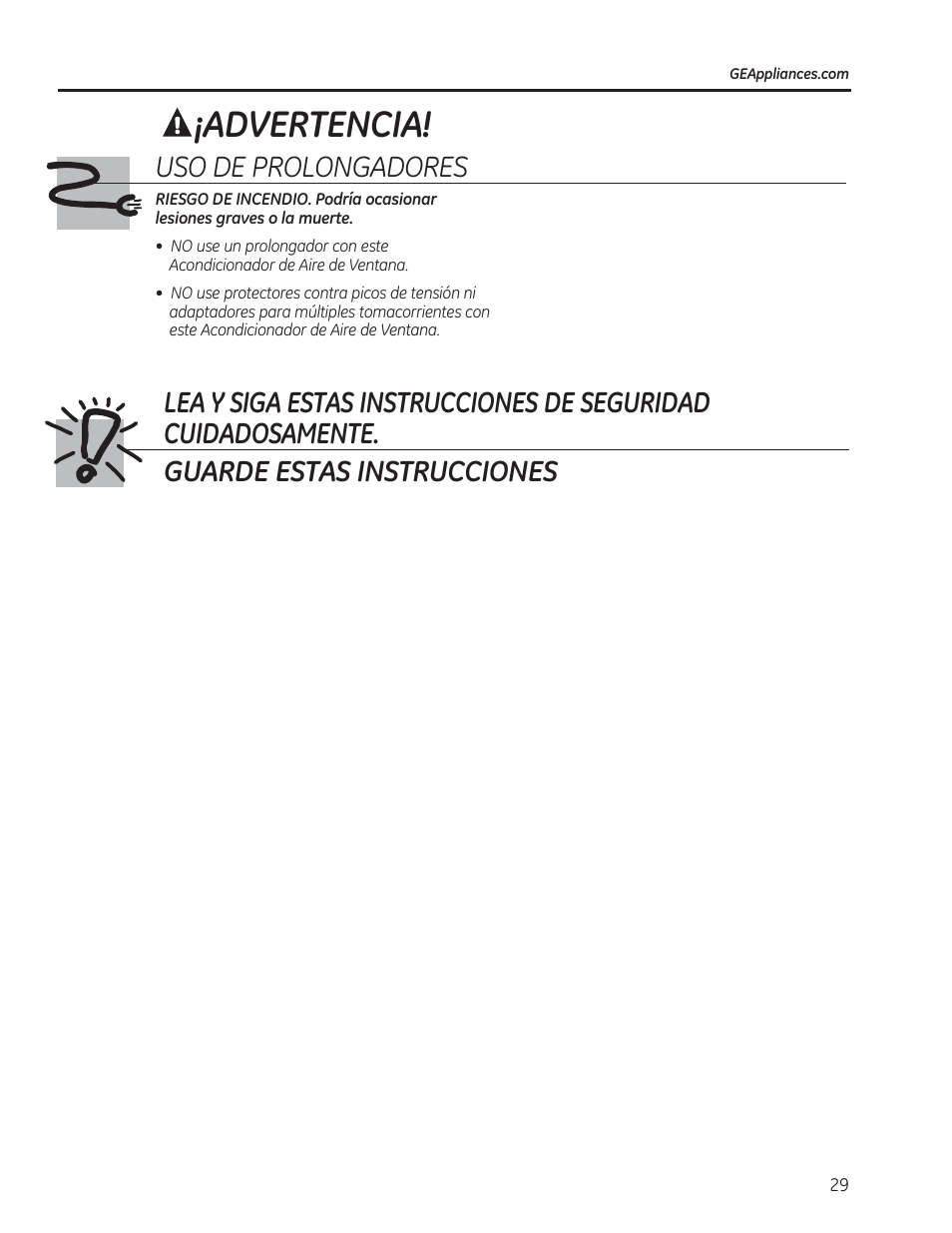 Advertencia | GE AEM06LS User Manual | Page 29 / 40