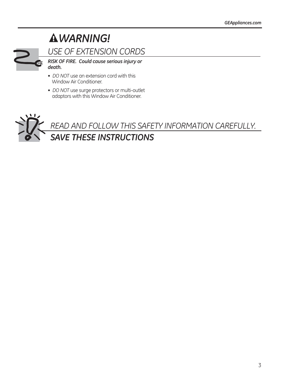 Warning, Save these instructions, Use of extension cords | Read and follow this safety information carefully | GE AEM06LS User Manual | Page 3 / 40