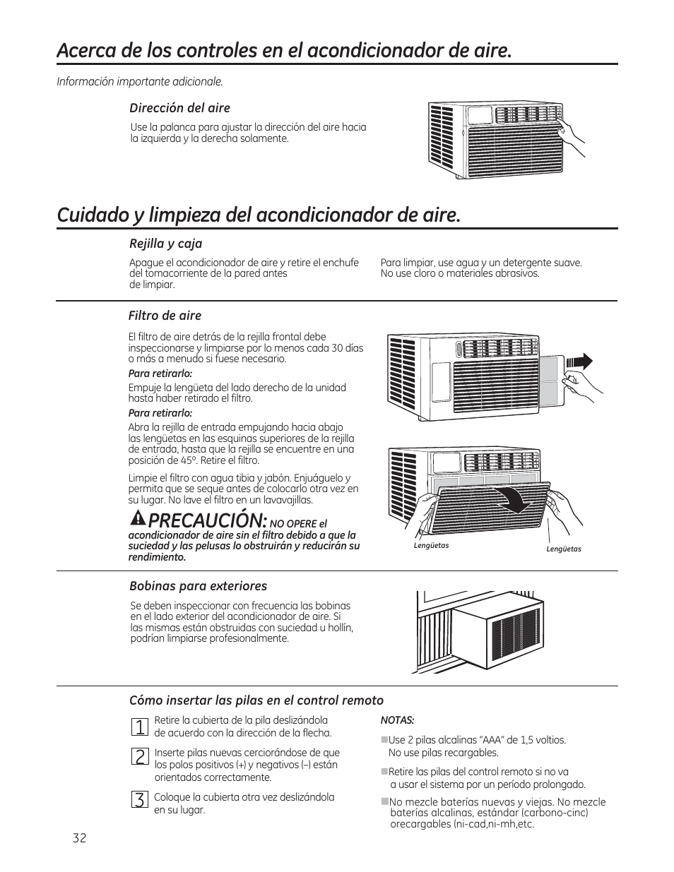 Precaución, Cuidado y limpieza del acondicionador de aire | GE AEM06LS User Manual | Page 32 / 40