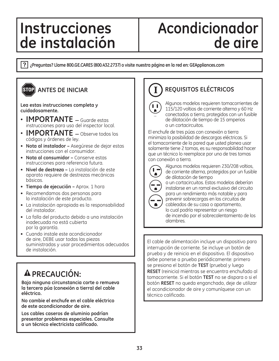 Instrucciones acondicionador, De instalación, De aire | Precaución, Importante | GE AEM06LS User Manual | Page 33 / 40