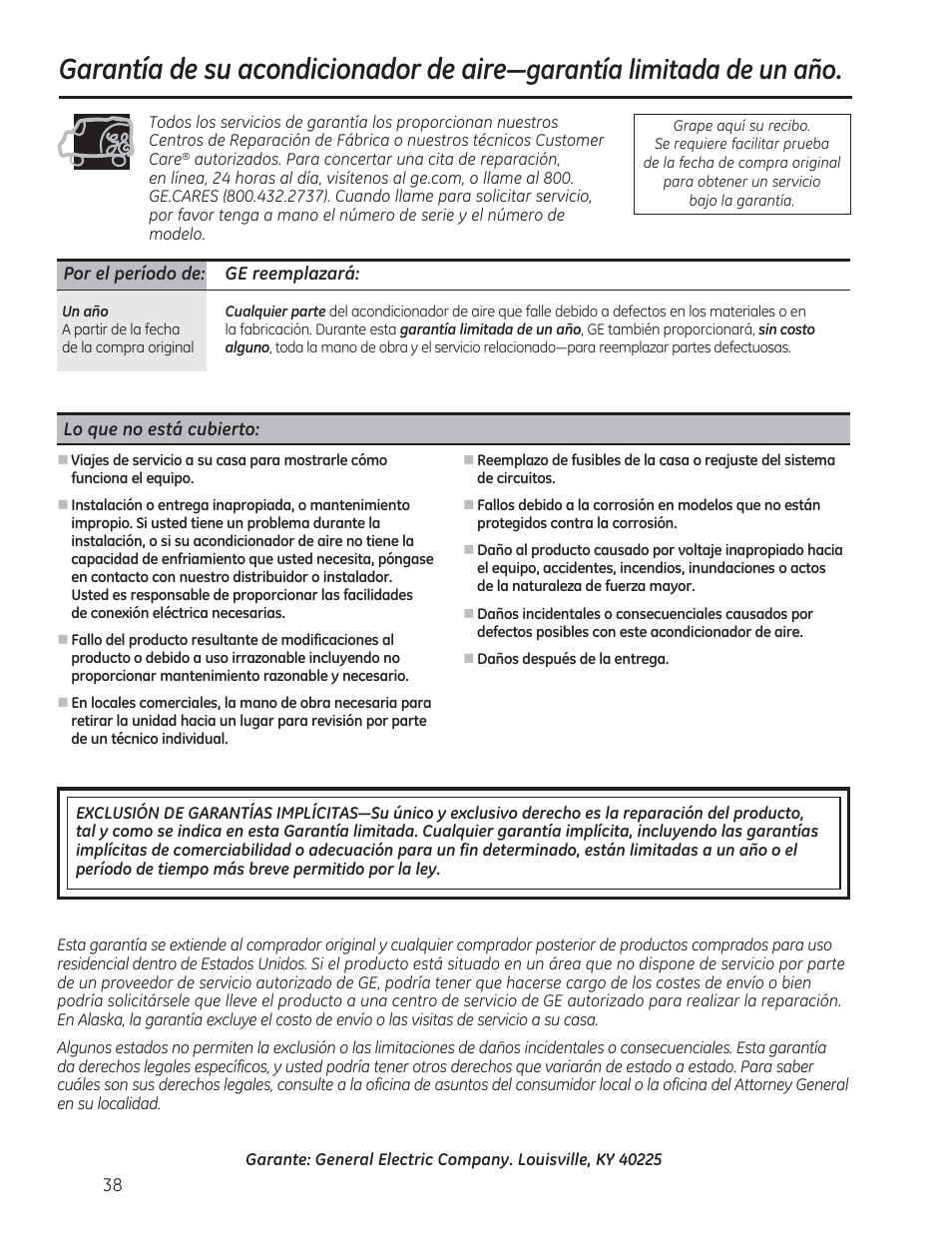 Garantía de su acondicionador de aire, Jdudqwtdolplwdgdghxqdxr | GE AEM06LS User Manual | Page 38 / 40