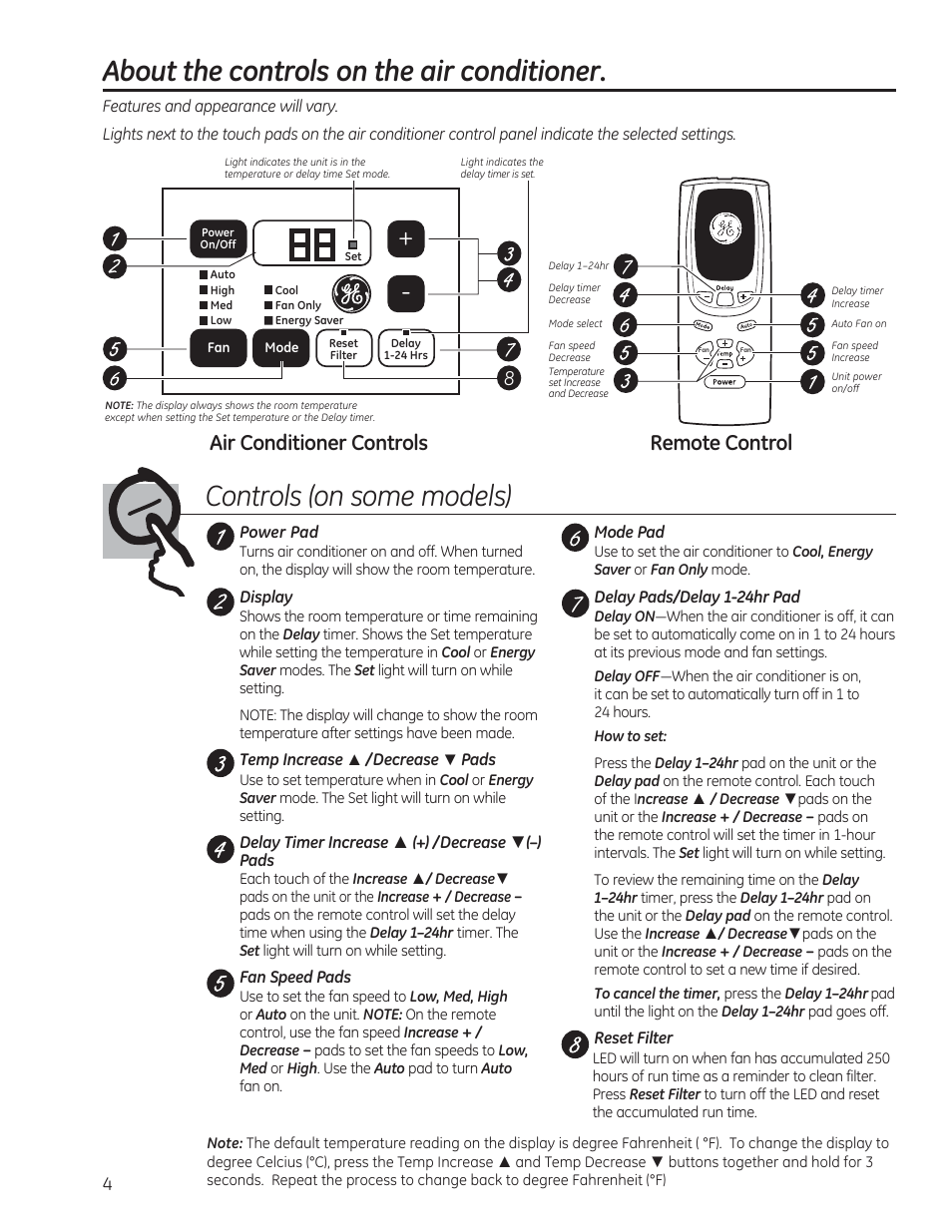 Air conditioner controls, Remote control | GE AEM06LS User Manual | Page 4 / 40