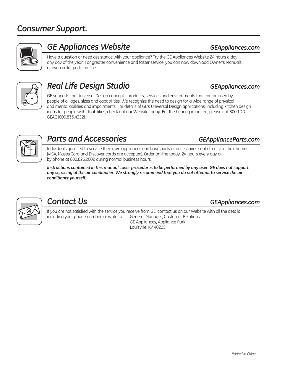 Consumer support. ge appliances website, Real life design studio, Parts and accessories | Contact us | GE AEM06LS User Manual | Page 40 / 40