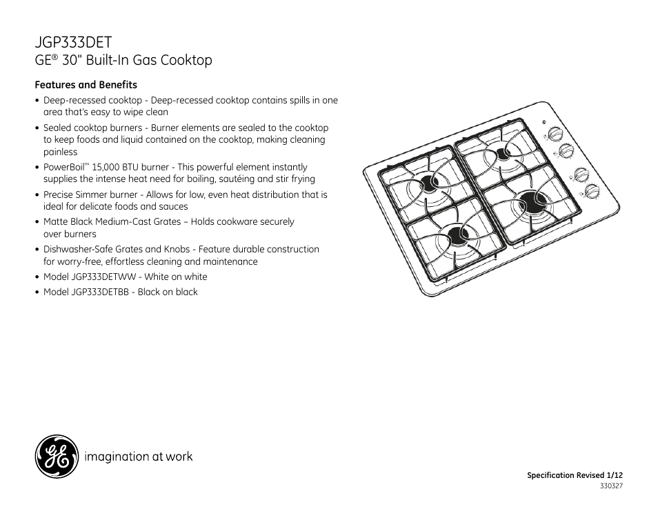 Jgp333det, 30" built-in gas cooktop | GE JGP333DETBB User Manual | Page 2 / 2