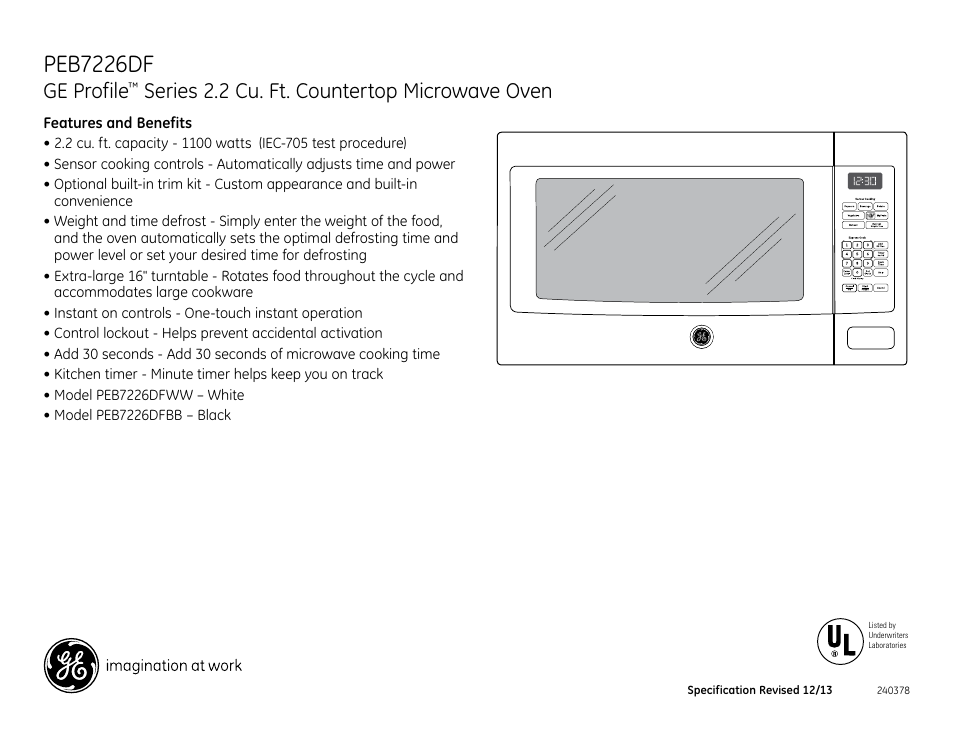 Peb7226df, Ge profile, Series 2.2 cu. ft. countertop microwave oven | GE PEB7226DFBB User Manual | Page 2 / 2
