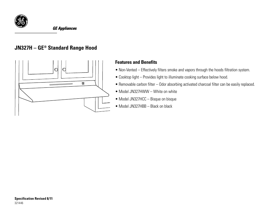 Jn327h – ge, Standard range hood | GE JN327HBB User Manual | Page 2 / 2