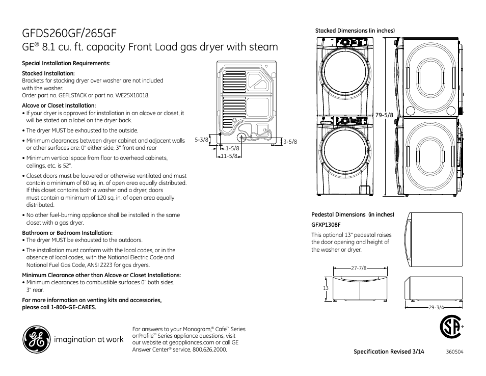 1 cu. ft. capacity front load gas dryer with steam | GE GFDS260GFWW User Manual | Page 2 / 4