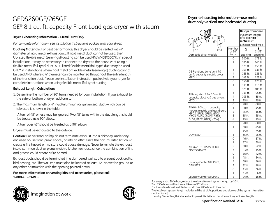 1 cu. ft. capacity front load gas dryer with steam | GE GFDS260GFWW User Manual | Page 3 / 4