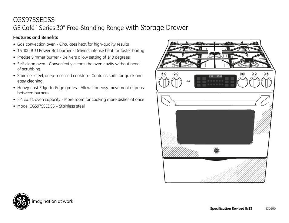Cgs975sedss, With storage drawer, Ge café | Series, 30" free-standing range | GE CGS975SEDSS User Manual | Page 2 / 2