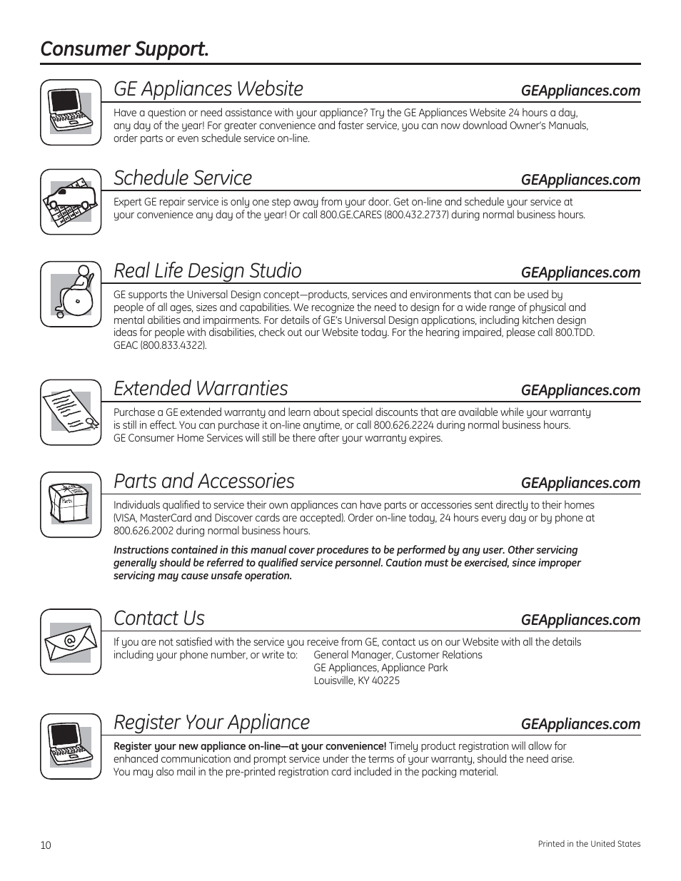 Consumer support. ge appliances website, Schedule service, Real life design studio | Extended warranties, Parts and accessories, Contact us, Register your appliance | GE PVB94STSS User Manual | Page 10 / 20