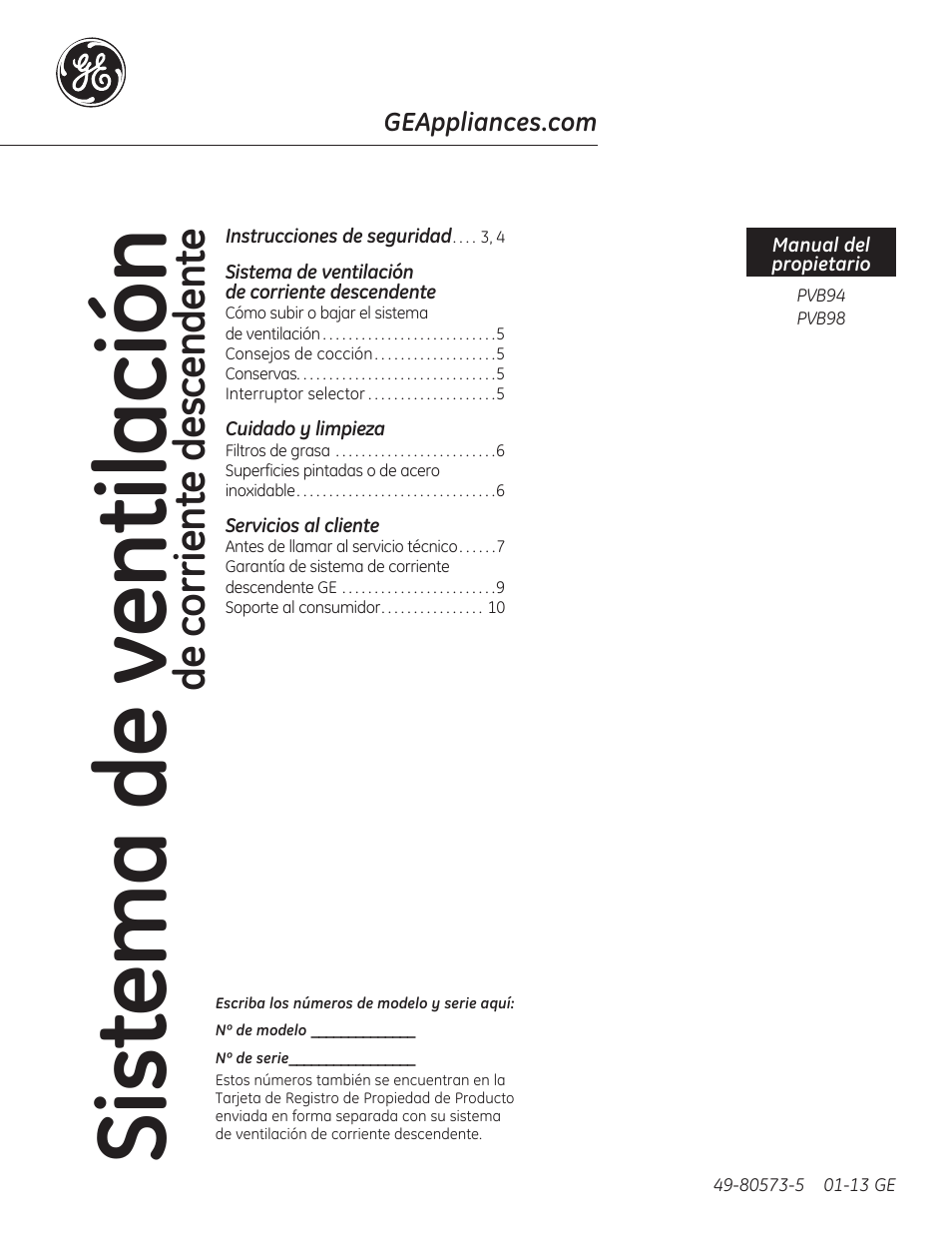 Sistema de ventilación, De corriente descendente | GE PVB94STSS User Manual | Page 11 / 20