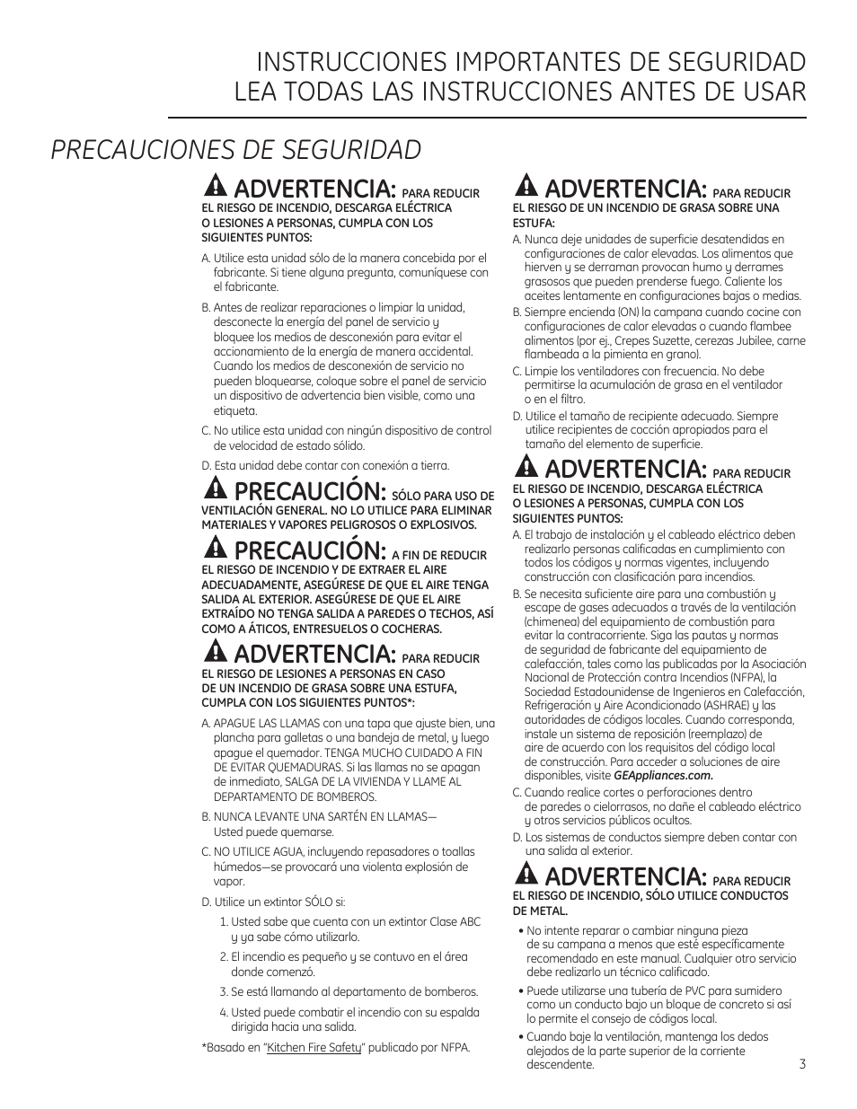 Advertencia, Precaución | GE PVB94STSS User Manual | Page 13 / 20