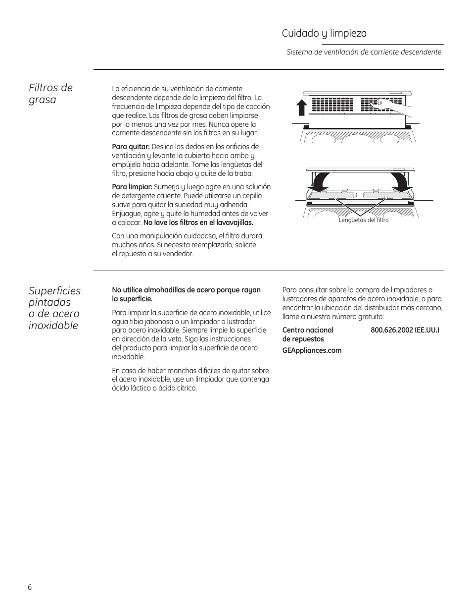 Superficies pintadas o de acero inoxidable, Filtros de grasa, Cuidado y limpieza | GE PVB94STSS User Manual | Page 16 / 20