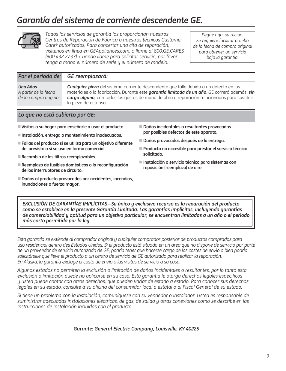 Garantía del sistema de corriente descendente ge | GE PVB94STSS User Manual | Page 19 / 20