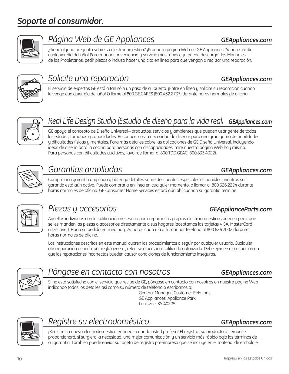 Soporte al consumidor, Garantías ampliadas, Página web de ge appliances | Solicite una reparación, Piezas y accesorios, Póngase en contacto con nosotros, Registre su electrodoméstico | GE PVB94STSS User Manual | Page 20 / 20