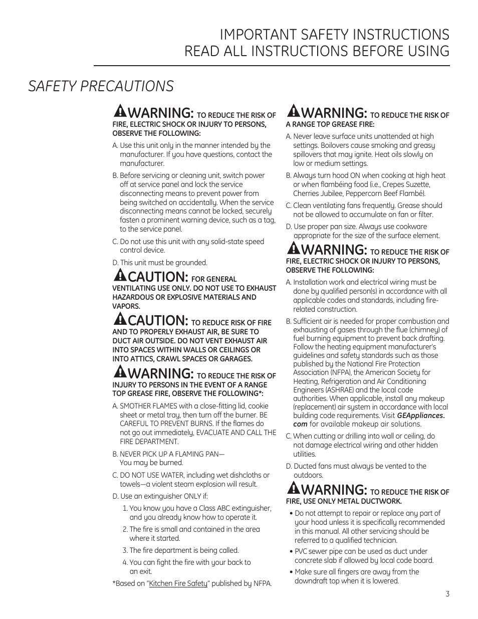 Warning, Caution | GE PVB94STSS User Manual | Page 3 / 20