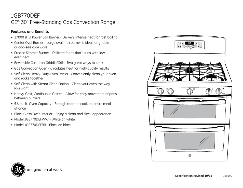 Jgb770def, 30" free-standing gas convection range | GE JGB770DEFWW User Manual | Page 2 / 2