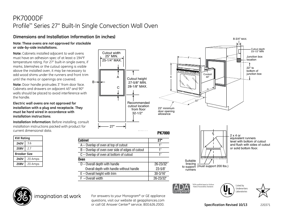 GE PK7000DFWW User Manual | 3 pages