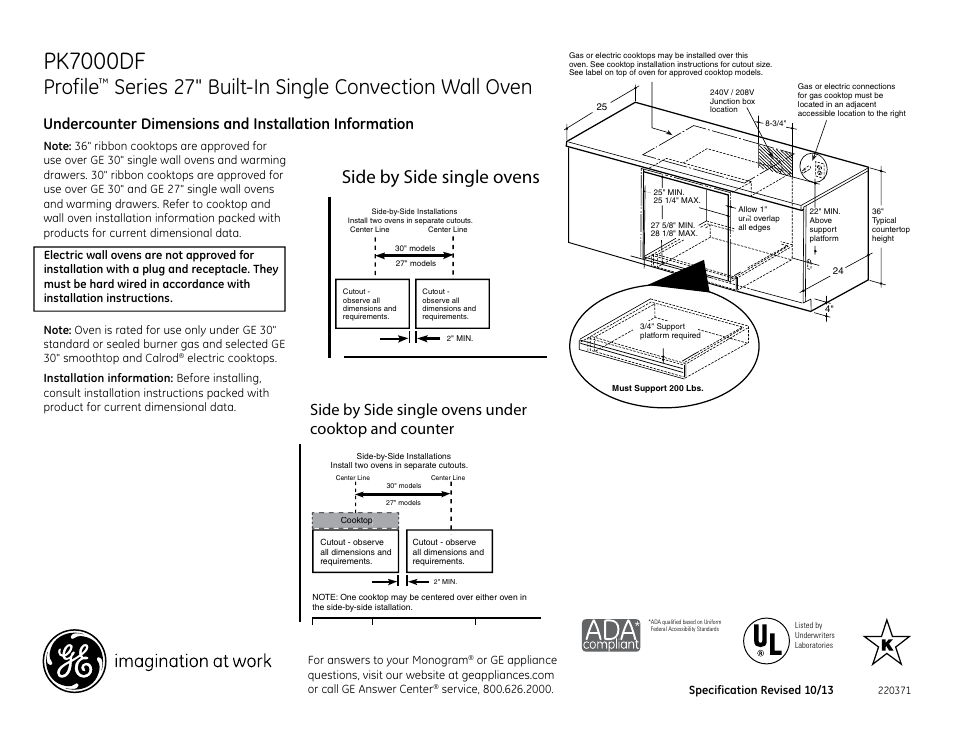 Pk7000df, Side by side single ovens, Profile | Series 27" built-in single convection wall oven, For answers to your monogram | GE PK7000DFWW User Manual | Page 2 / 3