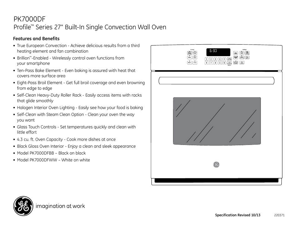 Pk7000dfww/bb, Pk7000df, Profile | Series 27" built-in single convection wall oven | GE PK7000DFWW User Manual | Page 3 / 3