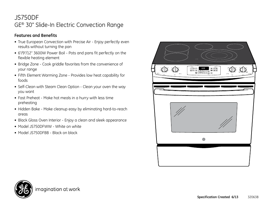 Js750df, 30" slide-in electric convection range | GE JS750DFBB User Manual | Page 2 / 2