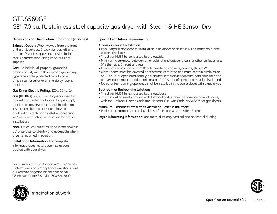 GE GTDS560GFWS User Manual | 4 pages