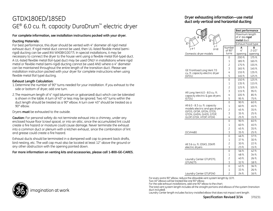 0 cu. ft. capacity duradrum, Electric dryer | GE GTDX180EDWW User Manual | Page 2 / 3