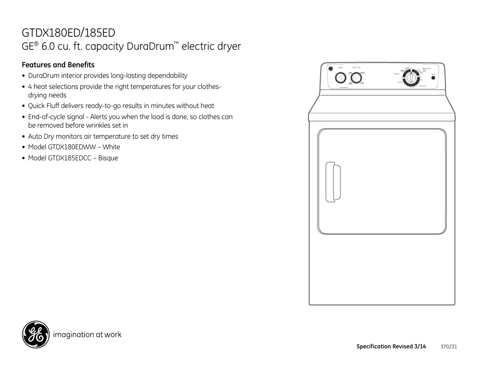 0 cu. ft. capacity duradrum, Electric dryer | GE GTDX180EDWW User Manual | Page 3 / 3