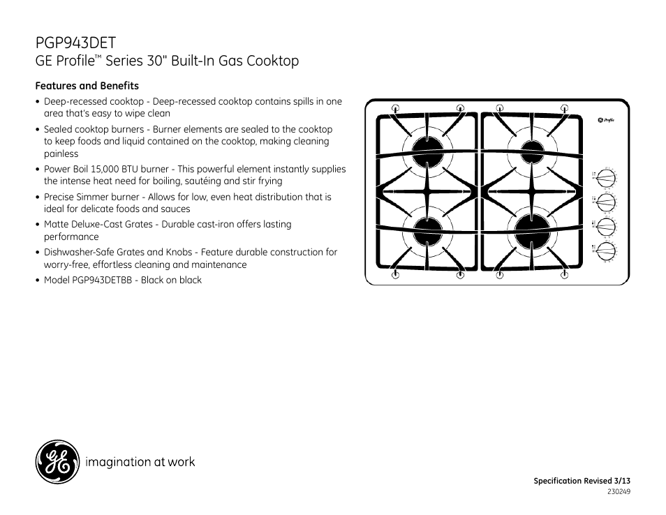 Pgp943det, Ge profile, Series 30" built-in gas cooktop | GE PGP943DETBB User Manual | Page 2 / 2