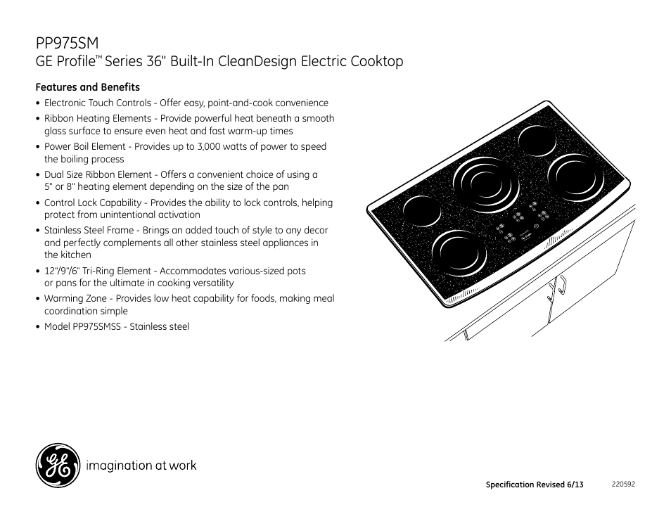 Pp975sm, Ge profile, Series 36" built-in cleandesign electric cooktop | GE PP975SMSS User Manual | Page 2 / 2