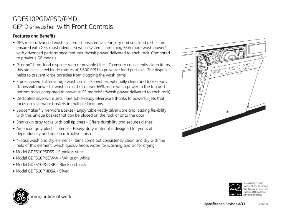 Gdf510pgd/psd/pmd, With front controls, Dishwasher | GE GDF510PGDWW User Manual | Page 2 / 2