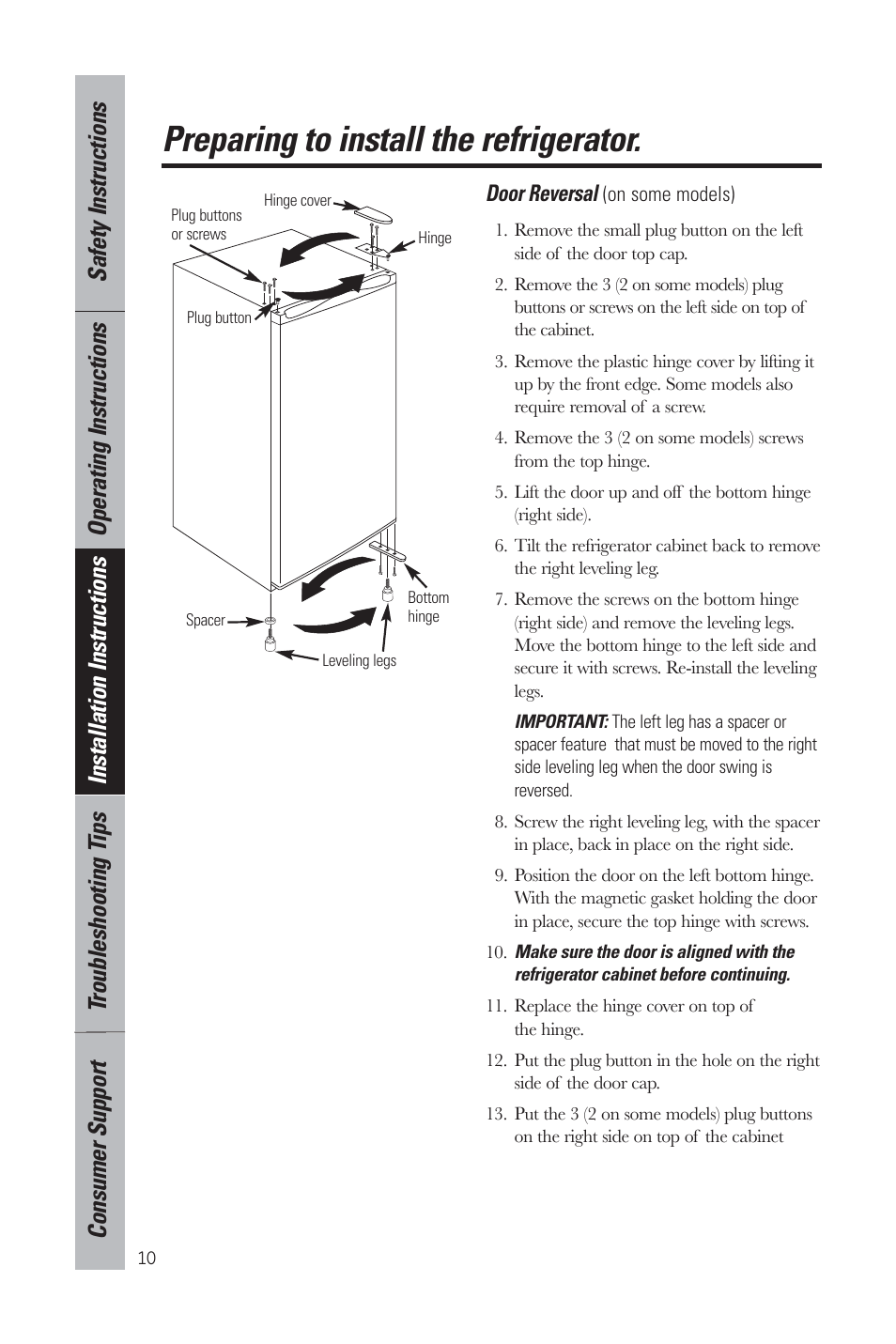 Preparing to install the refrigerator, Door reversal | GE GMR06AAZBB User Manual | Page 10 / 16