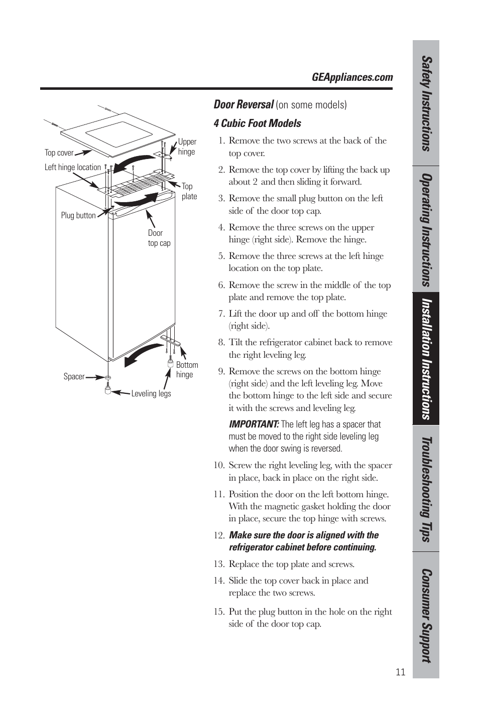Door reversal | GE GMR06AAZBB User Manual | Page 11 / 16