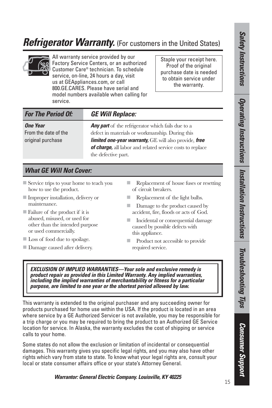 Refrigerator warranty, For customers in the united states), For the period of: ge will replace | What ge will not cover | GE GMR06AAZBB User Manual | Page 15 / 16